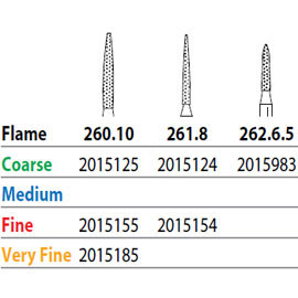 Two Striper FG #261.8 Fine Diamond Burs, Flame shaped. Pack of 5