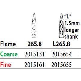 Two Striper FG #265.8 Coarse Diamond Burs, Flame shaped. Pack of 5