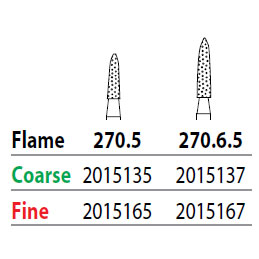 Two Striper FG #270.6.5 Fine Diamond Burs, Flame shaped. Pack of 5