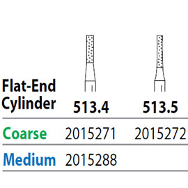 Two Striper FG #513.4 Medium Diamond Bur, Flat-End Cylinder. Pack of 5