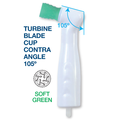 Premium Plus Disposable Prophy Angle with SOFT TURBINE Cup Green 100/pk. Latex-free turbine blade