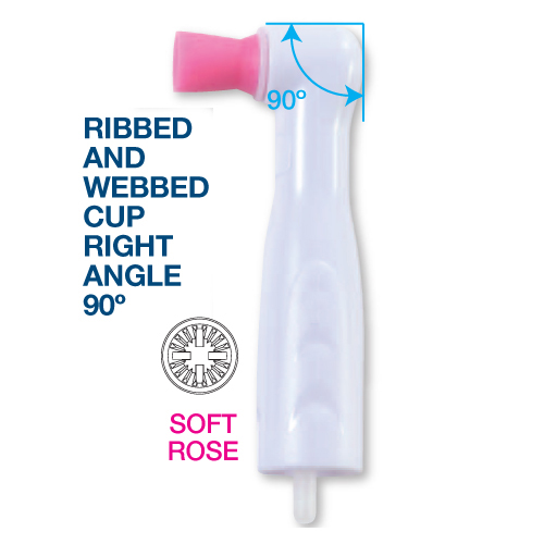 Premium Plus Disposable Prophy Angle with SOFT Cup Rose color 100/Pk, Ribbed and Webbed cup, right