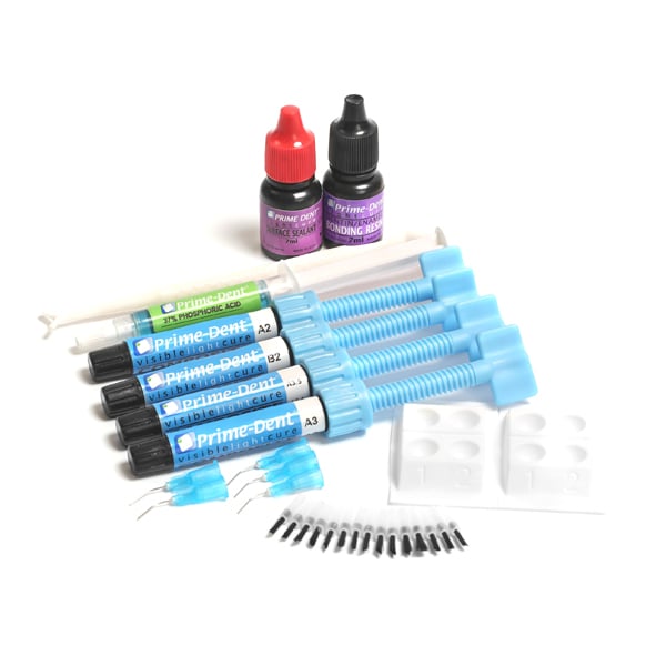 Prime-Dent Nano-Hybrid Prime-Dent Nano Hybrid VLC Composite 4 - 4.5g Syringe Kit. The kit includes