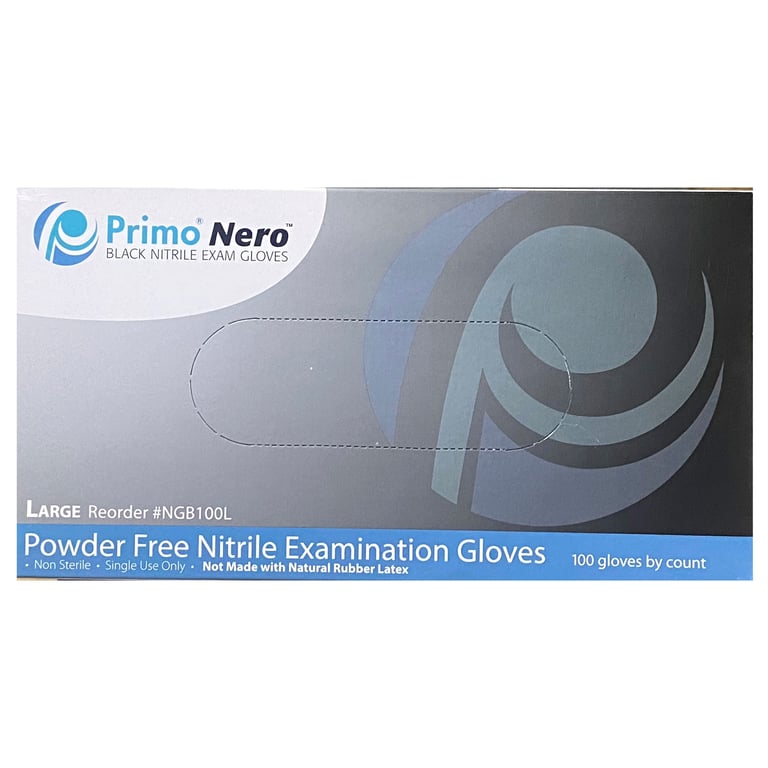 Primo Nero Nitrile Powder-Free Exam Gloves, Large, Black, 100/Box. Non-sterile. Not made