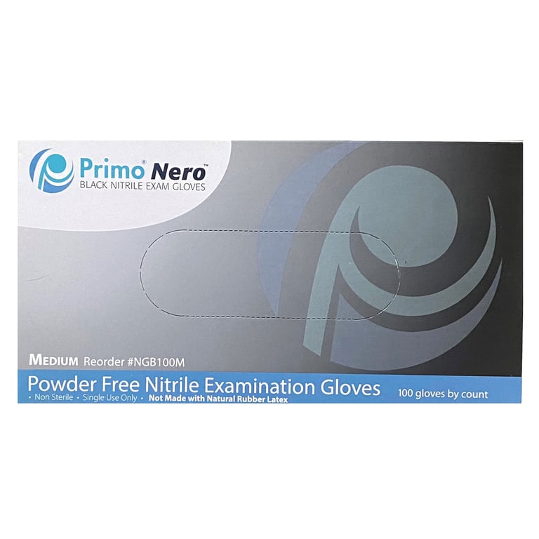 Primo Nero Nitrile Powder-Free Exam Gloves, Medium, Black, 100/Box. Non-sterile. Not made