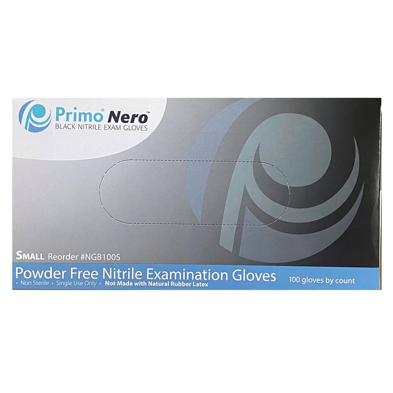 Primo Nero Nitrile Powder-Free Exam Gloves, Small, Black, 100/Box. Non-sterile. Not made