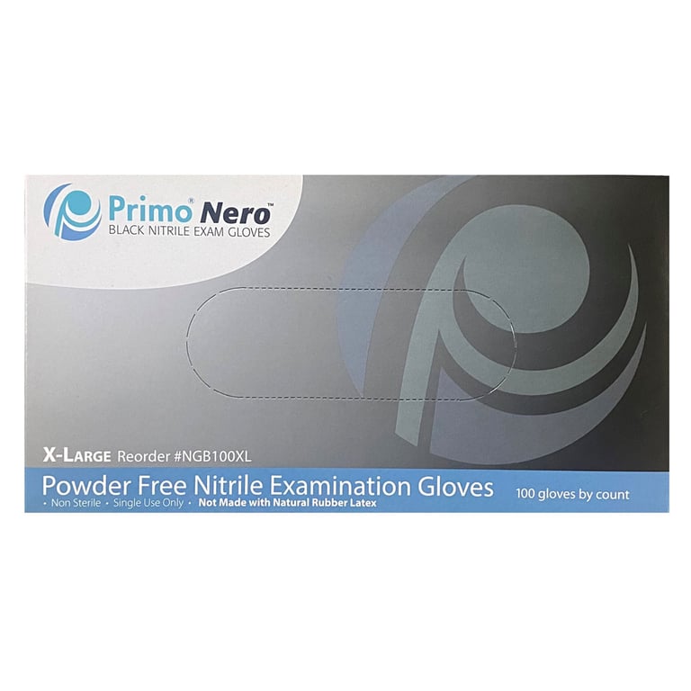 Primo Nero Nitrile Powder-Free Exam Gloves, X-Large, Black, 100/Box. Non-sterile. Not made