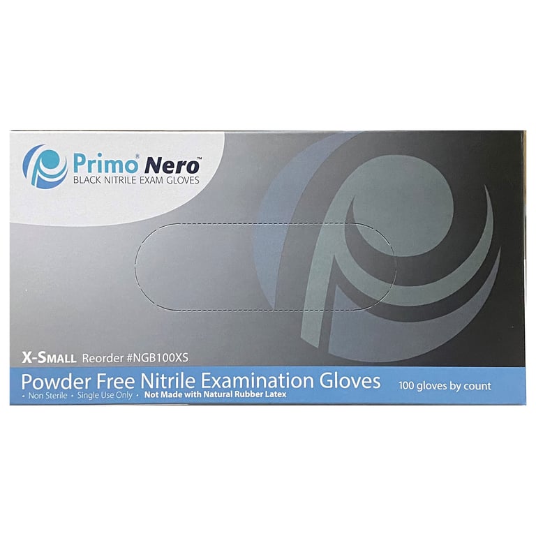 Primo Nero Nitrile Powder-Free Exam Gloves, X-Small, Black, 100/Box. Non-sterile. Not made