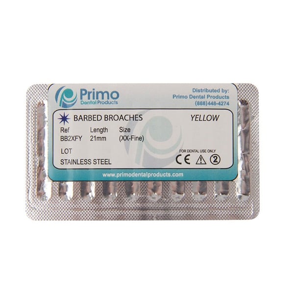 Primo Barbed Broaches - XX-Fine, Yellow, 21mm, 10/Pk. Stainless Steel
