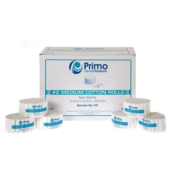 Primo Cotton Rolls, #2 Medium, 1.5" x 3/8", 2000/Bx. Non sterile, 40 Packs of 50 Rolls