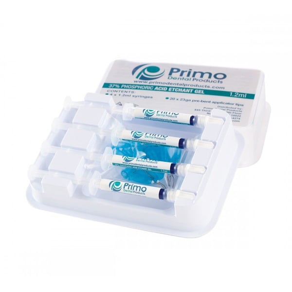 Primo Etch Gel, 37% Phosphoric Acid, 4 x 1.2 ml Syringes. Includes twenty pre-bent applicator tips