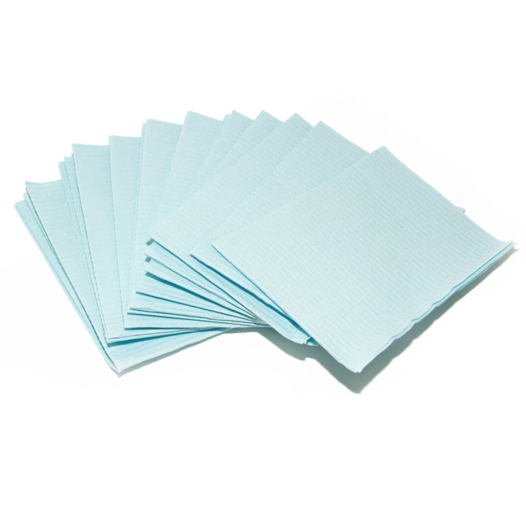 Primo Patient Bib 3-Ply w/Poly, 13x18, Blue, 500/Case. The 3ply is made of 3 ply tissue and 1 ply