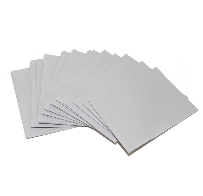 Primo Patient Bib 2-Ply w/Poly, 13x18, Gray, 500/Case. The 2ply is made of 2 ply tissue and 1 ply