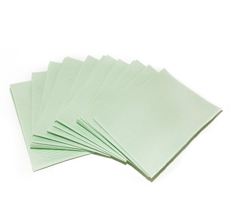 Primo Patient Bib 2-Ply w/Poly, 13x18, Green, 500/Case. The 2ply is made of 2 ply tissue and 1 ply