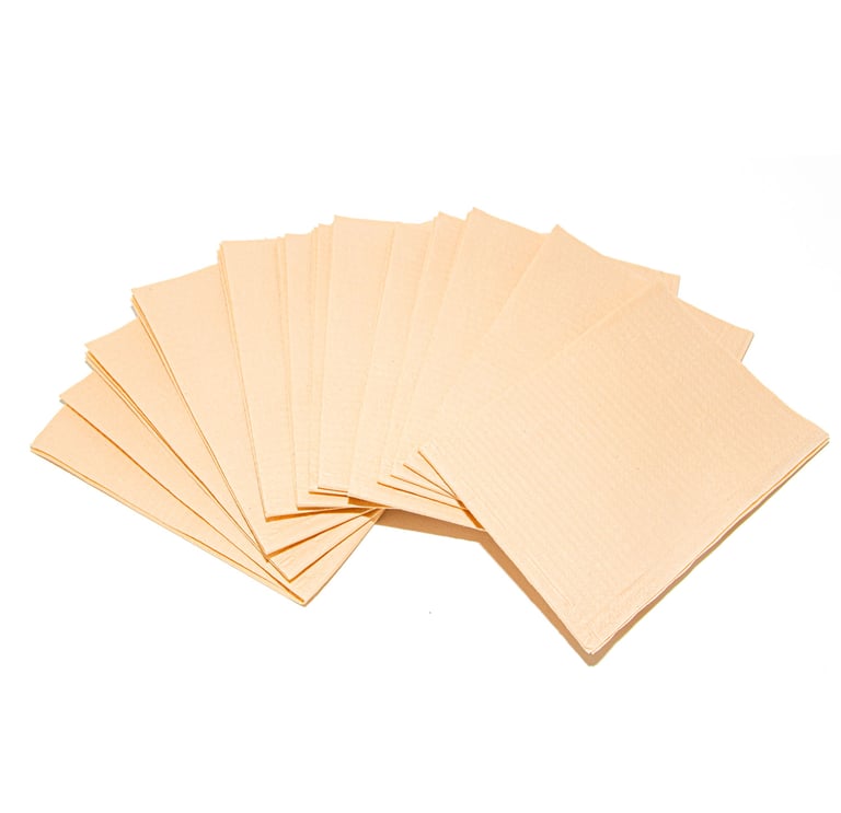 Primo Patient Bib 2-Ply w/Poly, 13x18, Peach, 500/Case. The 2ply is made of 2 ply tissue and 1 ply