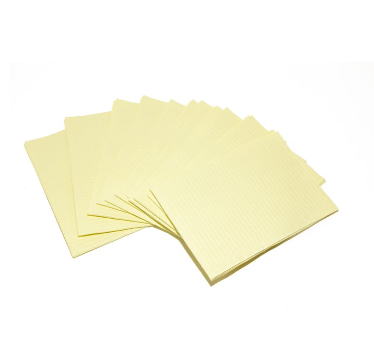Primo Patient Bib 2-Ply w/Poly, 13x18, Yellow, 500/Case. The 2ply is made of 2 ply tissue and 1