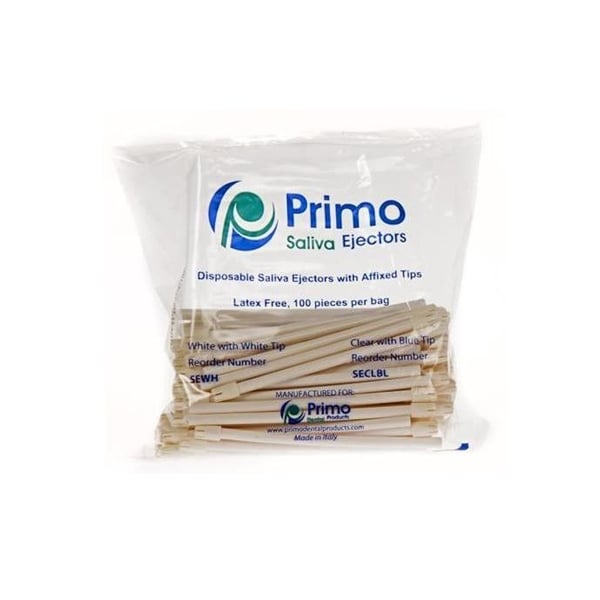 Primo Disposable Saliva Ejectors, White with Affixed White Tip, 100/Pk