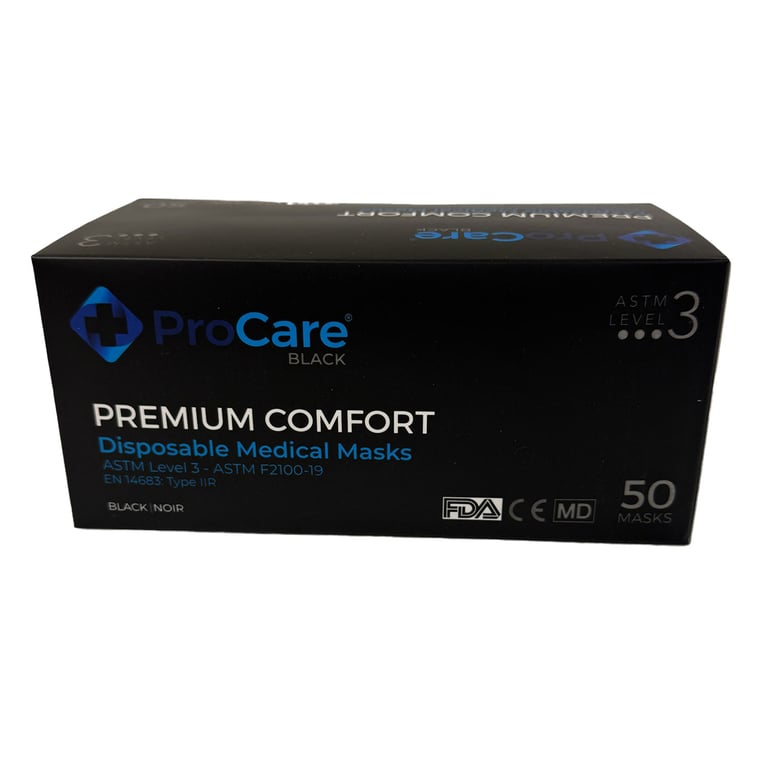 ProCare Premium Comfort Disposable Medical Earloop Face Masks, Black, 50/Pk