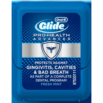 Oral-B Glide Pro-Health Advanced Floss, 15 meter floss patient sample pack, 72/box. Fresh Mint