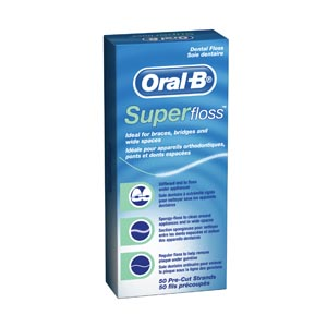Oral-B SuperFloss sample pack, mint, pre-measured strands, 10 strands/bx, 100 bx/case. Effectively