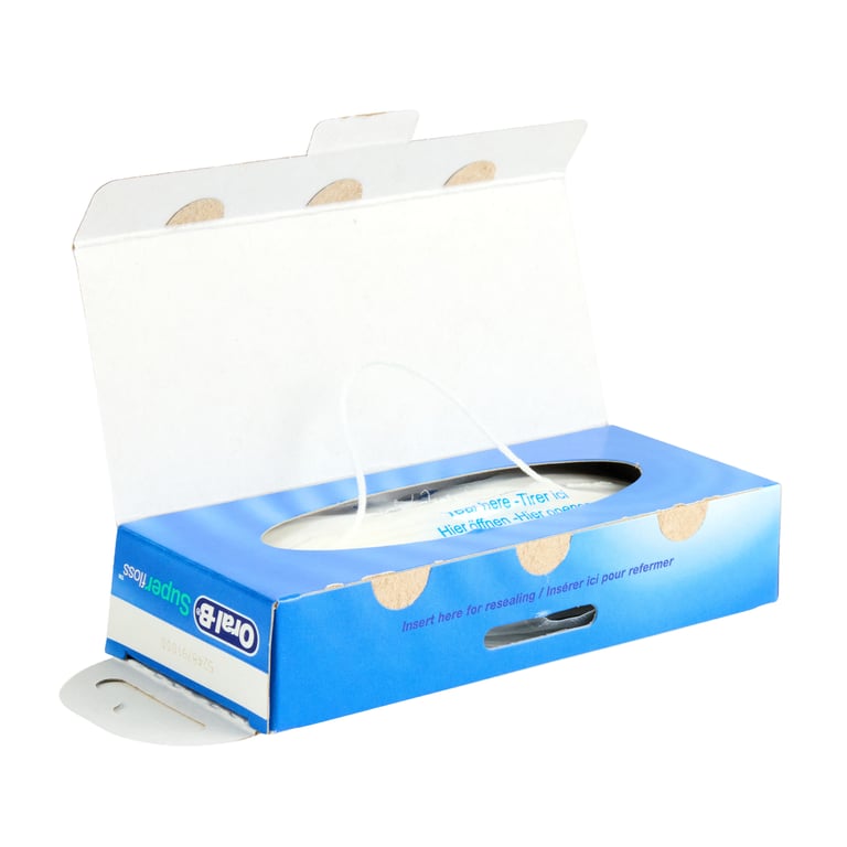 Oral-B SuperFloss office pack, mint, pre-measured strands, 50 strands/bx, 24 bx/case. Effectively