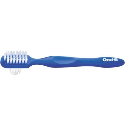 Oral-B Denture brush 6/box. Blue color with white bristles, dual head, standard straight handles