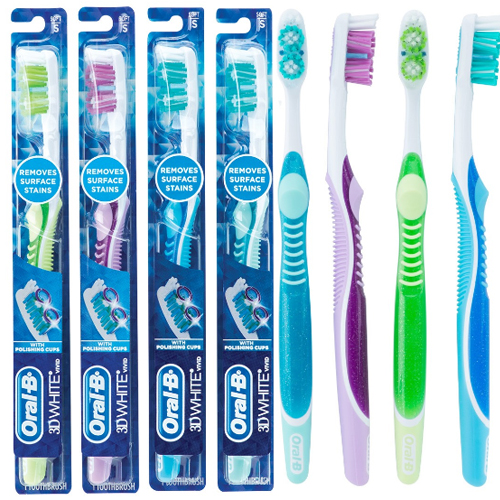 Oral-B 3D White Vivid Toothbrush, 35 soft tufts with polishing cups, 6/Bx. Assorted colors: mint