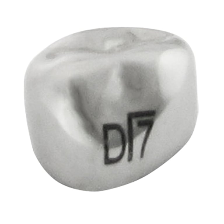 K2 Dental Stainless Steel Crown, 1st Molar, Lower Left, Size 7, 5/Pk. Unit measures 1.5 x 1.5 x