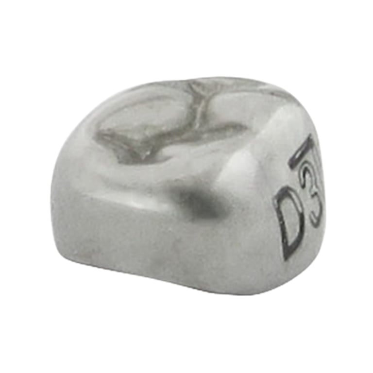 K2 Dental Stainless Steel Crown, 1st Molar, Lower Right, Size 3, 5/Pk. Unit measures 1.5 x 1.5 x