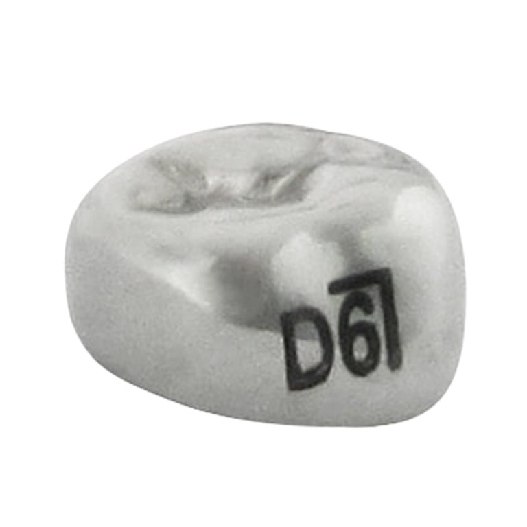 K2 Dental Stainless Steel Crown, 1st Molar, Lower Right, Size 6, 5/Pk. Unit measures 1.5 x 1.5 x
