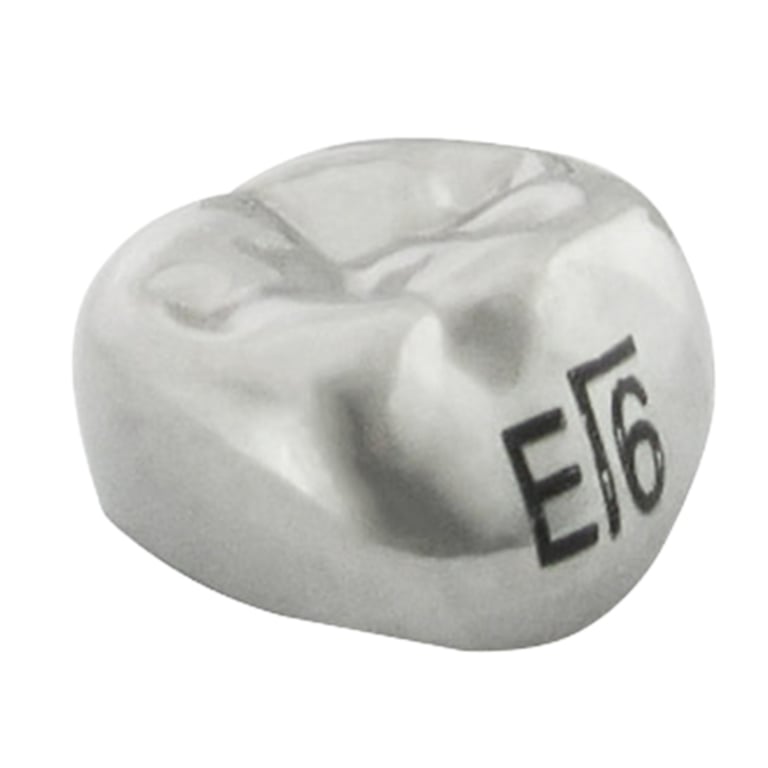 K2 Dental Stainless Steel Crown, 2nd Molar, Lower Left, Size 6, 5/Pk. Unit measures 1.5 x 1.5 x