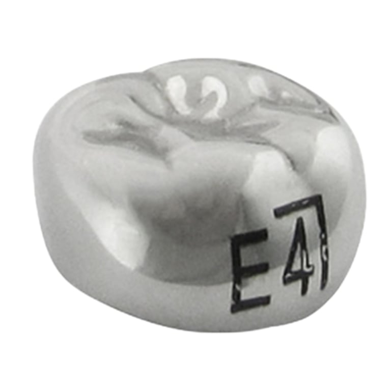 K2 Dental Stainless Steel Crown, 2nd Molar, Lower Right, Size 4, 5/Pk. Unit measures 1.5 x 1.5 x