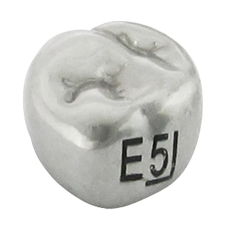 K2 Dental Stainless Steel Crown, 2nd Molar, Upper Right, Size 5, 5/Pk. Unit measures 1.5 x 1.5 x
