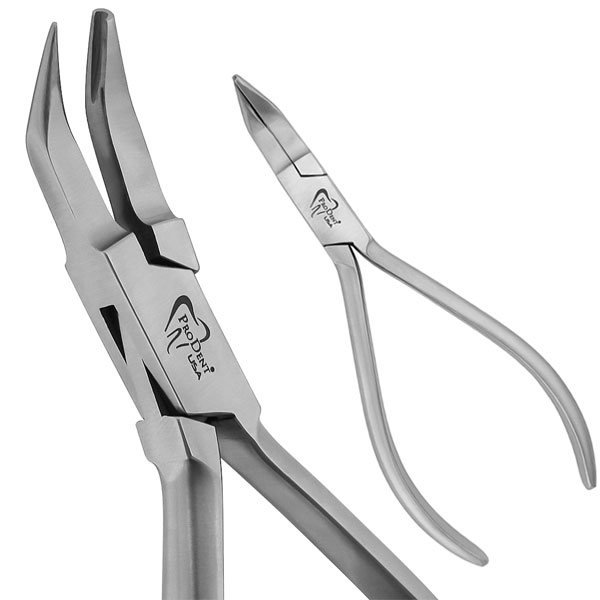 ProDent USA Optical Wire Bending Pliers - Angled. Pliers feature one concave and one convex beak