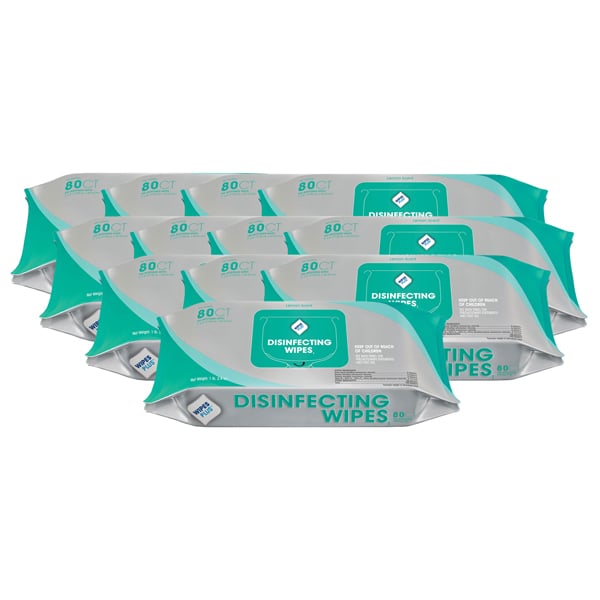 WipesPlus 7" x 8" Disinfecting Surface Wipes 12x 80/Pk. Lint free and highly absorbent for an