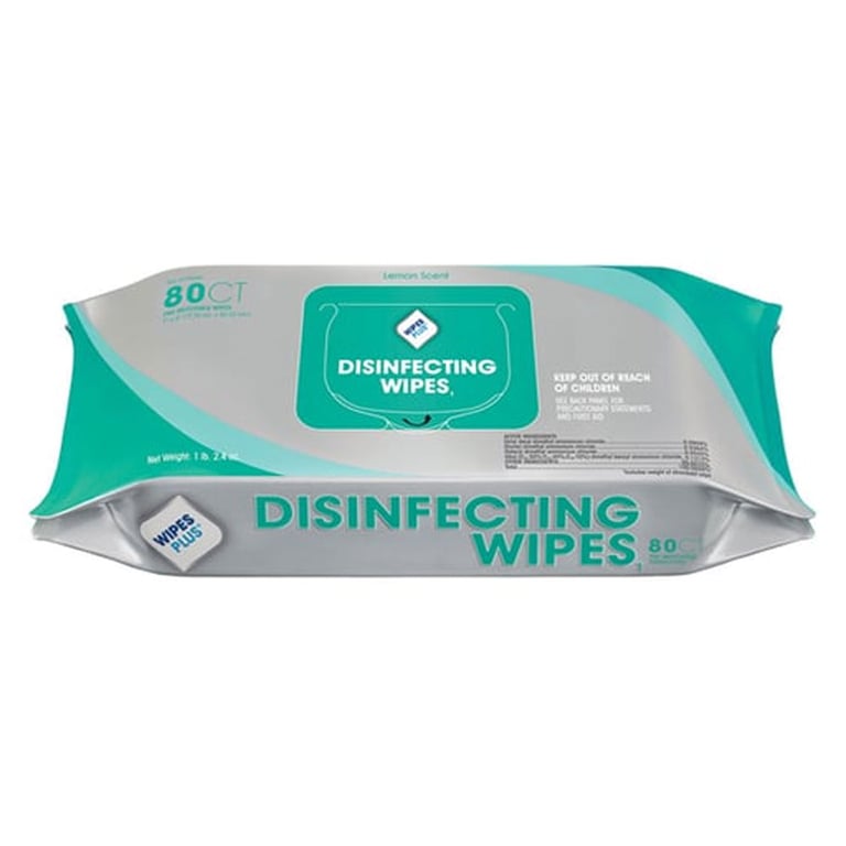 WipesPlus 7" x 8" Disinfecting Surface Wipes, 80/Pk. Lint free and highly absorbent for an optimal