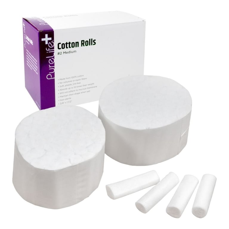PureLife+ Cotton Rolls, 3/8" x 1 1/2", #2 Medium, 2000/Box. Non-sterile, soft cotton rolls