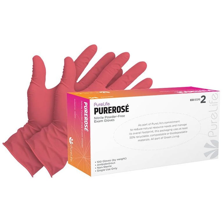 PureRose Nitrile Powder-Free Exam Gloves, Small, Pink, 100/Box. Non-sterile, single use. Packaging