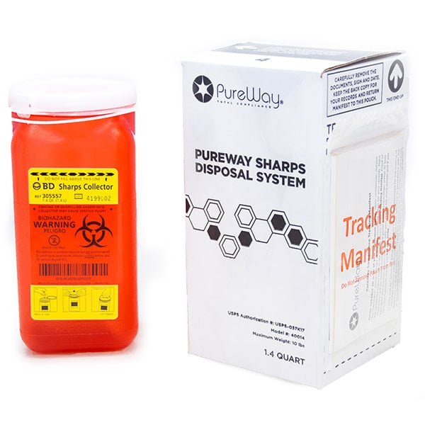 PureWay Sharps Disposal System - Single. 1.4 Quart Sharps Container, shipping box & return
