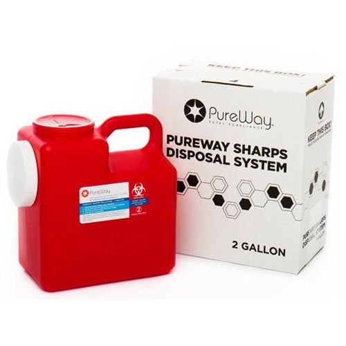 PureWay Sharps Disposal System - Single. 2 gallon container, shipping box & return shipping