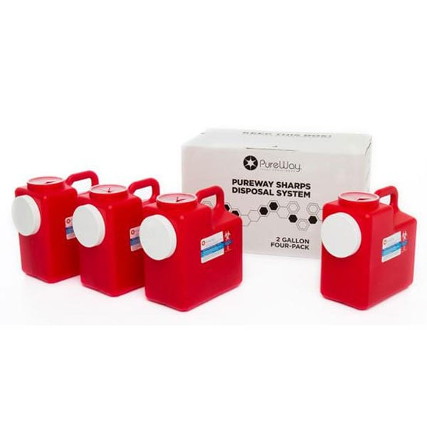 PureWay Sharps Disposal System - Multipack. 4 - 2 gallon containers, Pre-paid UPS return shipping