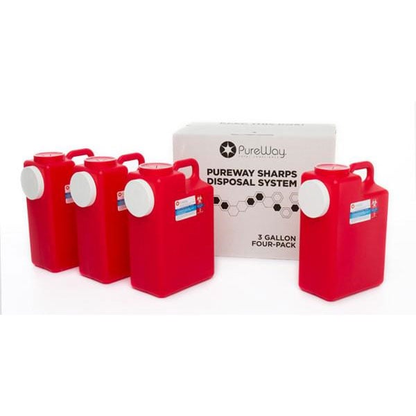 PureWay Sharps Disposal System - Multipack. 4 - 3 gallon containers, Pre-paid UPS return shipping