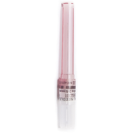 Quala 25 Gauge Long 1-3/8" Dental Needles, Red, Pre-threaded plastic hub, Bevel indicator on