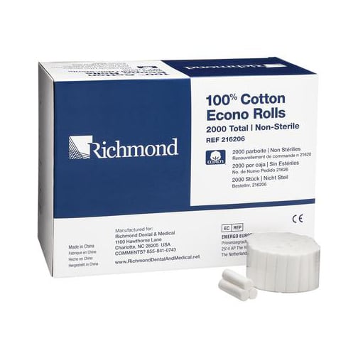 Richmond 1-1/2" x 3/8" (Medium) Non-Sterile Cotton Roll, Box of 2000 cotton rolls