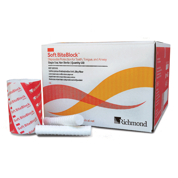 Richmond Soft Bite Block, 3/4" Diameter x 4", Bulk, Large, Non-Sterile, 120/Box. Reduces