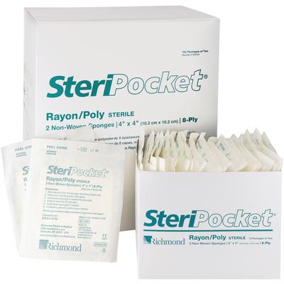 SteriPocket Sponges, Non-Woven, 8-Ply Rayon/Poly, 4" x 4", Sterile, 2/Pk, 100 Pk/Box. Individual