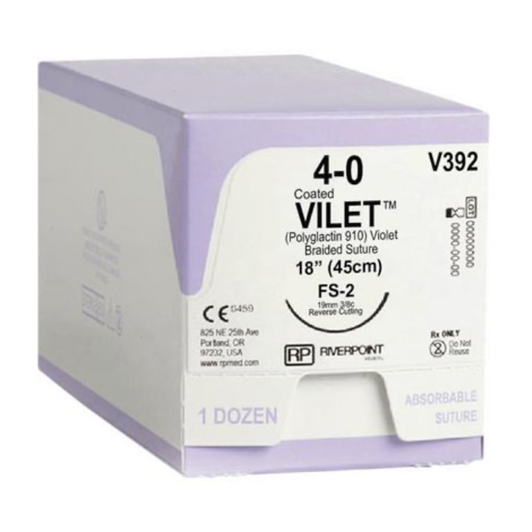 Vilet 4/0 18" Polyglactin 910 Multifilament FS-2, Coated Violet Resorbable Suture, 12/Box. Reverse