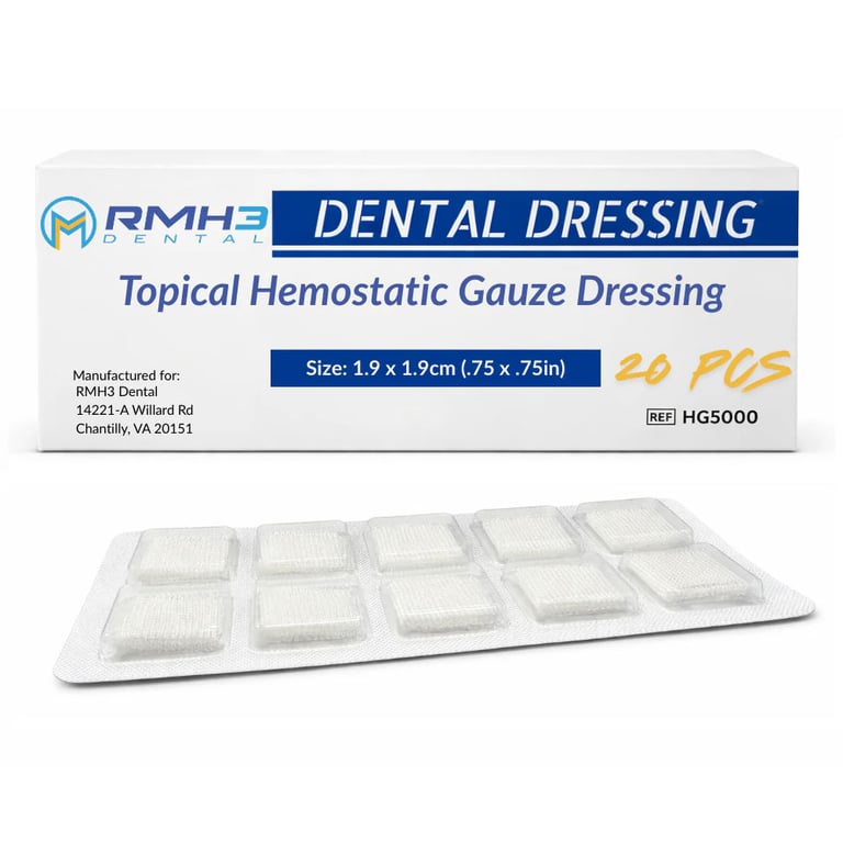 RMH3 Dental Soluble Hemostatic Gauze Dressing, 0.75" x 0.75", 20/Pk. Individually packaged