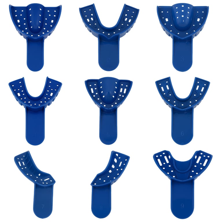 RMH3 Dental #1-9 Disposable Assorted Perforated Plastic Impression Tray, 9/Pk. Dark blue. Includes
