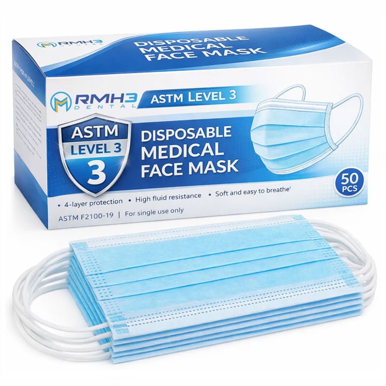 RMH3 Dental Disposable 4-Ply ASTM Level 3 Ear-Loop Face Mask, Blue, 50/Pk. High fluid resistant